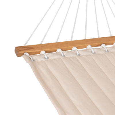 Close-up of the hardwood spreader bar of Lazy Daze Large Double Quilted Hammock.#color_natural-solid