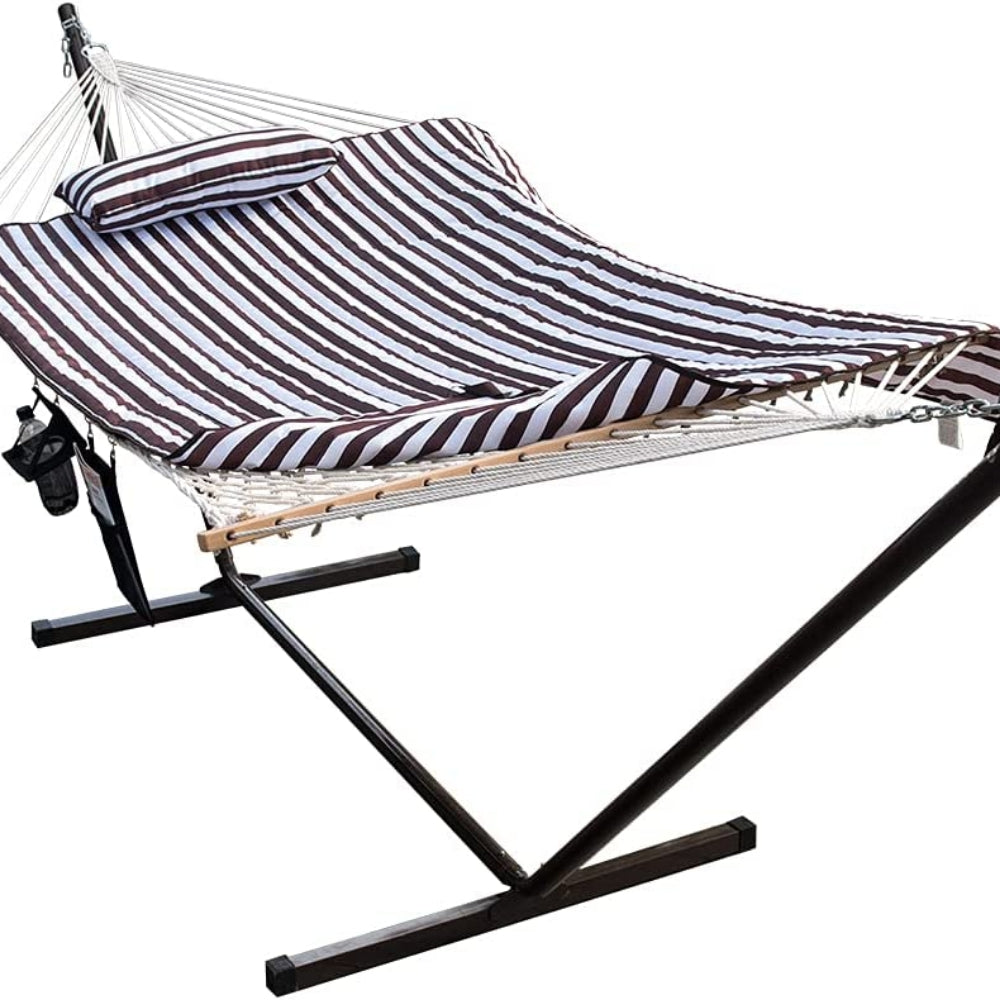 Cotton Rope Hammock, Stand, Pad and Pillow Combo#color_brown-white